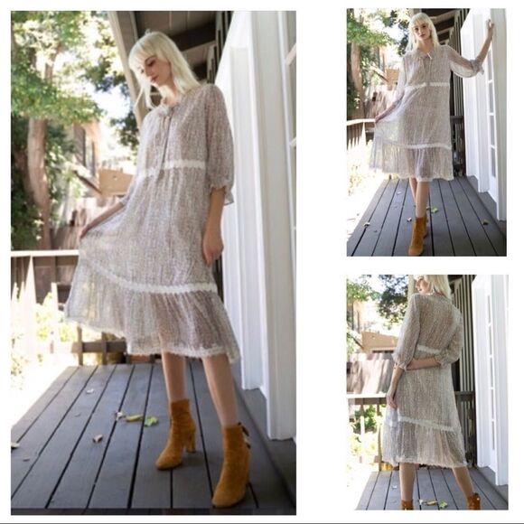 COTTAGE Core  A Shape  Lace Trimmed Dress w/ 3/4 Sleeves - Picture 5 of 16